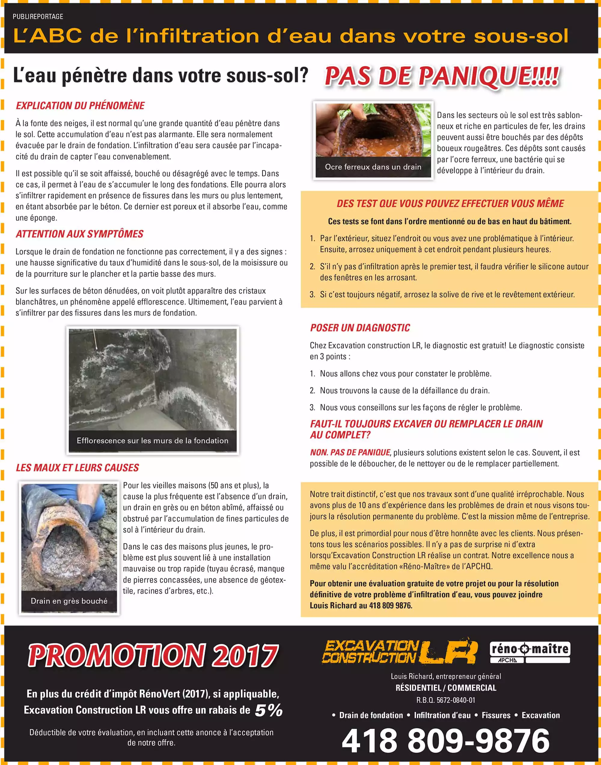 Publireportage une pleine page journal pour Excavation Construciton LR sur l'infiltration d'eau